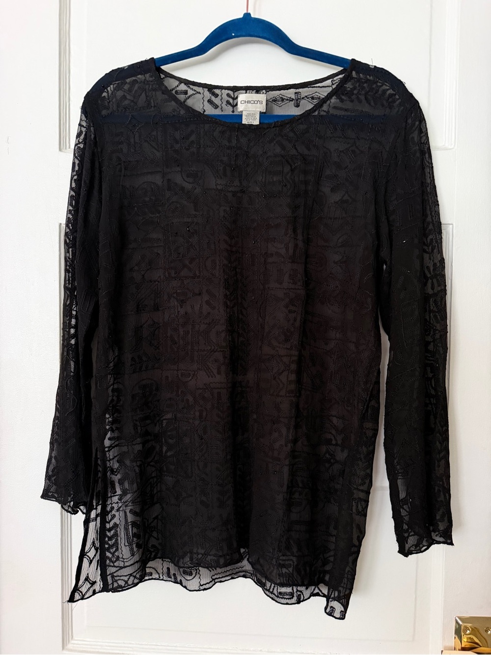 Chico's Black Sheer Embroidered Long Sleeve Blouse